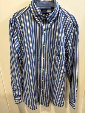 Chaps Blue and White Vertical Stripe Button-Down Shirt